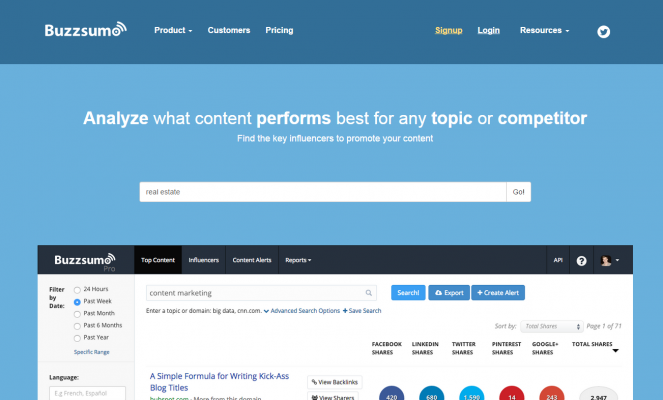 BuzzSumo main page for blogger outreach