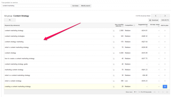 Google keyword planner for seo strategy screenshot