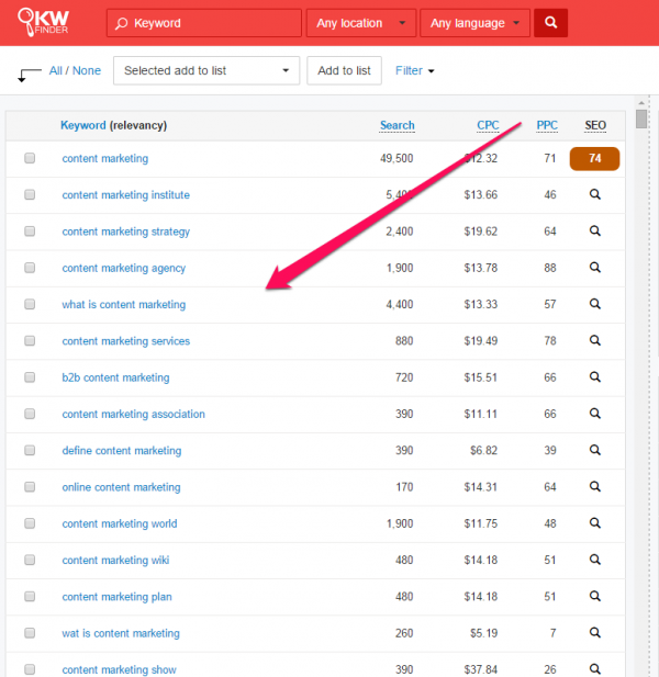 KWFinder for SEO keywords screenshot