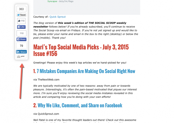 Mari Smith floating social media buttons to get more traffic to your blog