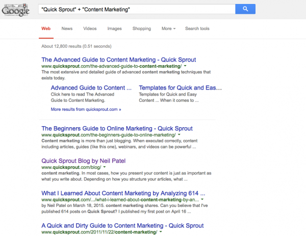 Quick Sprout Google search for Content Marketing