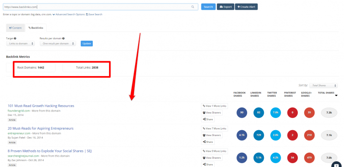 Backlinko links example in BuzzSumo