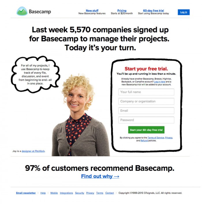 Basecamp social proof example for squeeze page