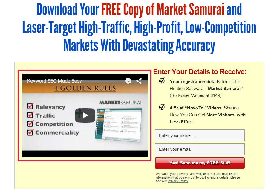 Market Samurai video on squeeze page example