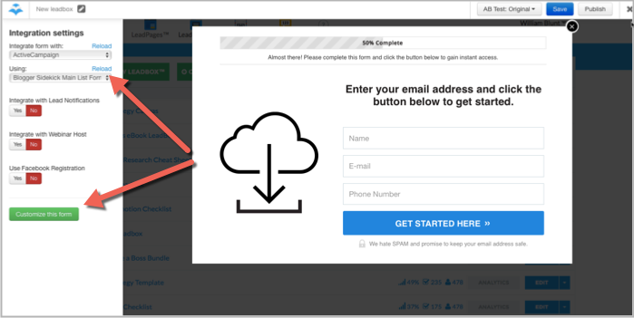 Email list integration within LeadBoxes