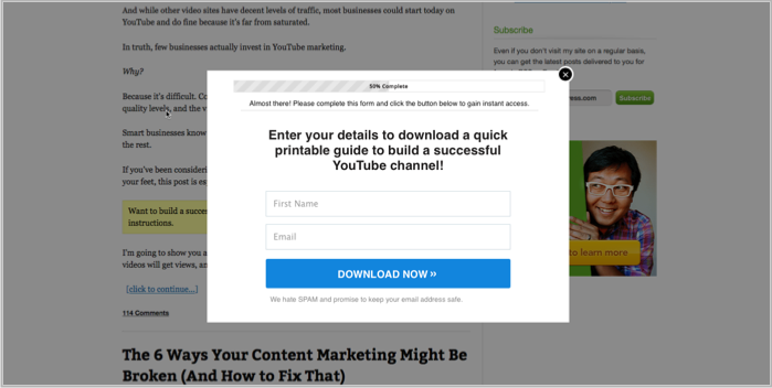 Example of LeadPages on Quicksprout - popup wordpress plugin