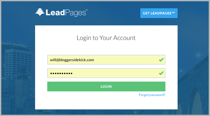 LeadPages login screen - example of popup wordpress plugin