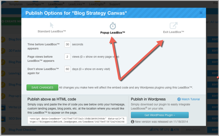 Publishing a LeadBox - popup options