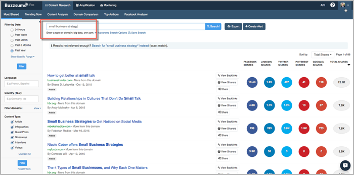 BuzzSumo search for small business strategy