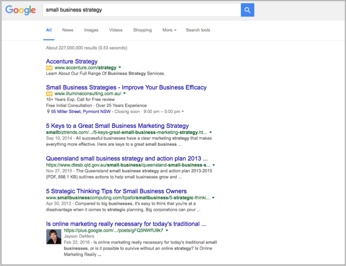 Small business strategy google search for creating content