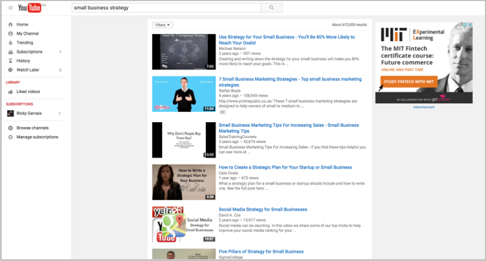 Youtube small business strategy search