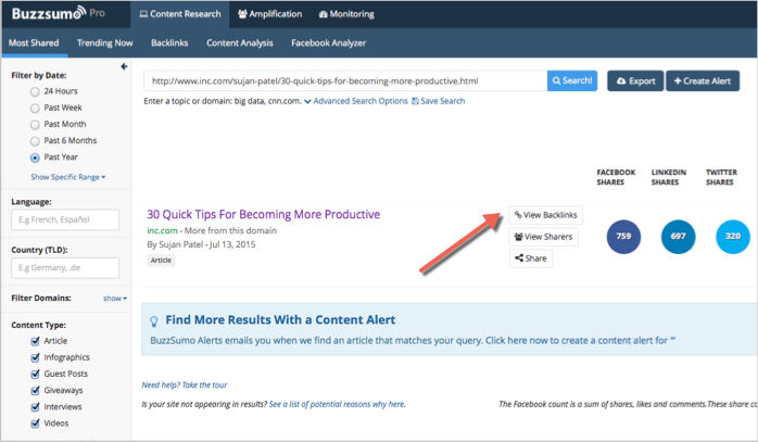 View backlinks in BuzzSumo