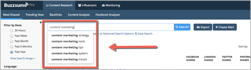 BuzzSumo predictive text as a keyword research method
