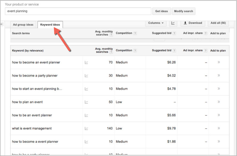 Event planning search in adwords planner