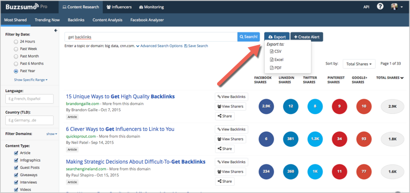 Get backlinks search in BuzzSumo as a keyword research method