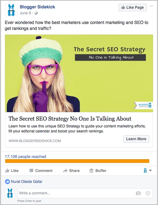 Facebook Ads example for how to promote your blog